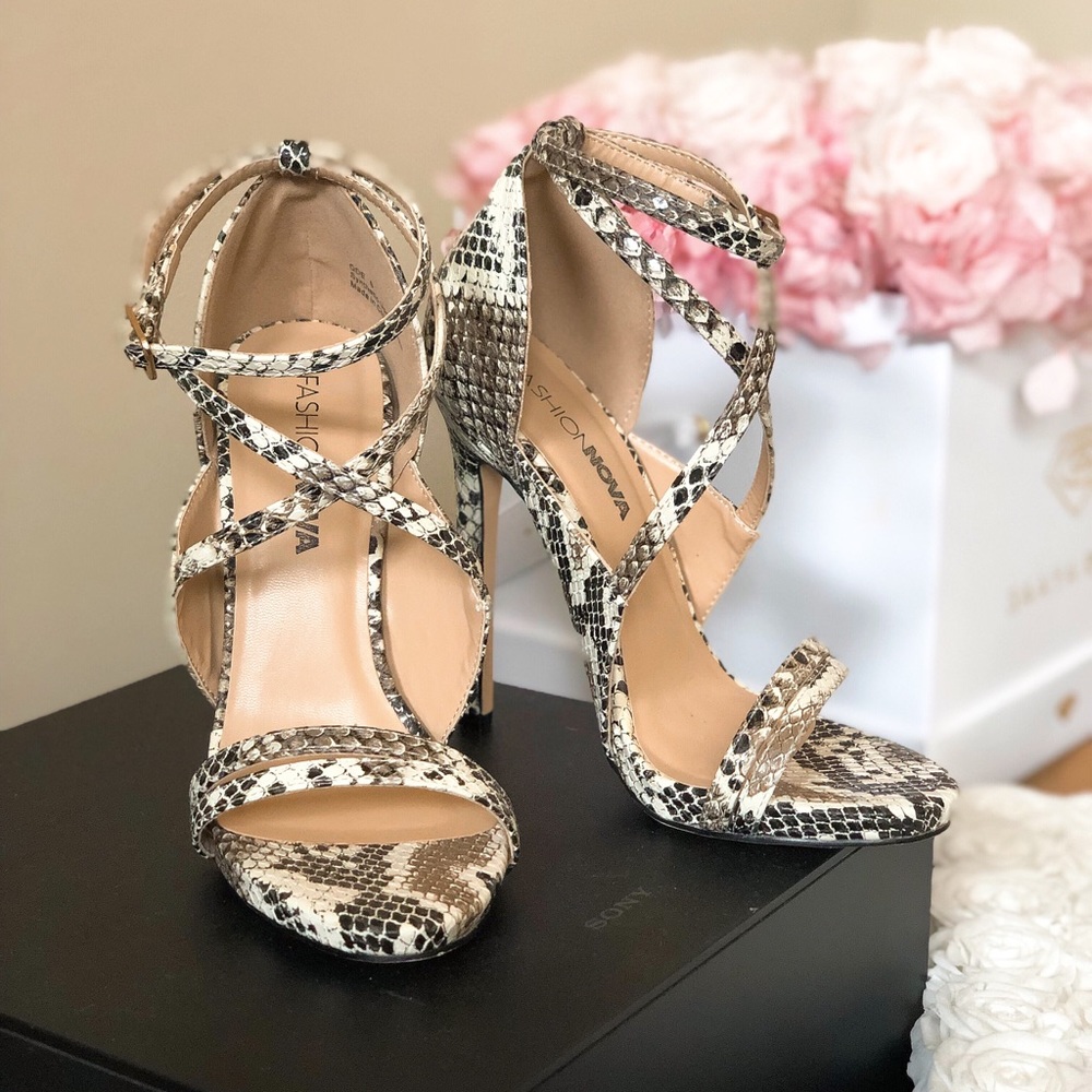 Fashion Nova Snake Print Strappy Heels